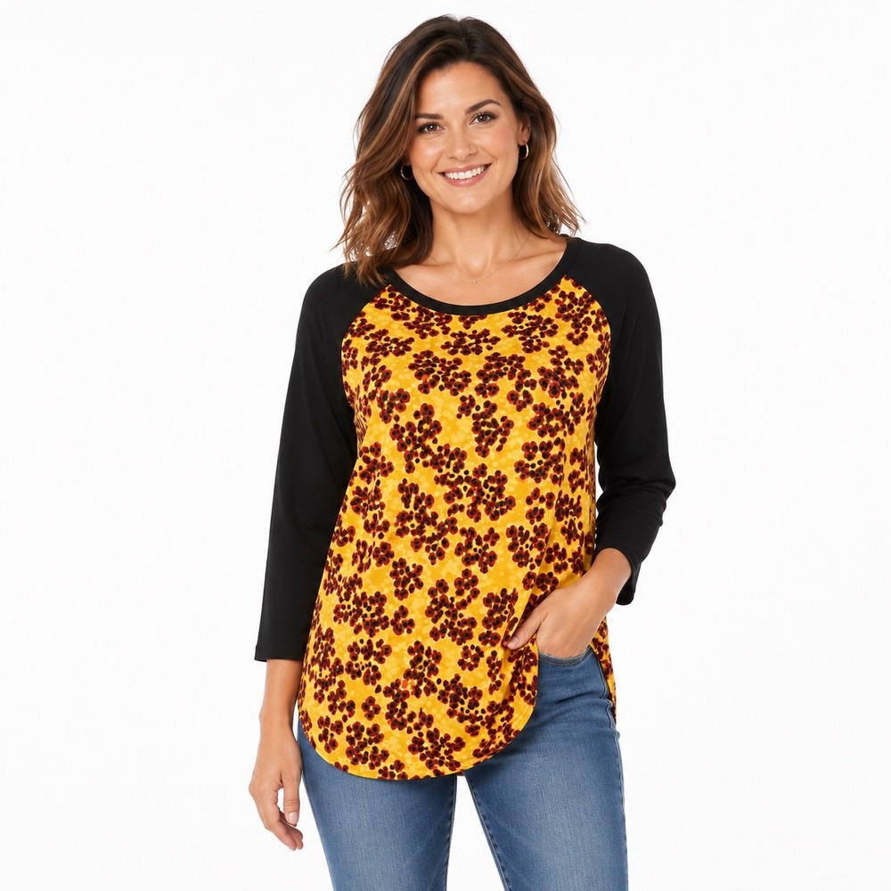 LuLaRoe Yellow Floral Randy Baseball Tee‎